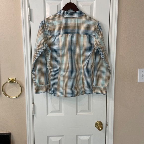 SONOMA 100% Cotton Women Button Up Collared Shirt Gingham Tan Blue White Size L - Picture 5 of 6